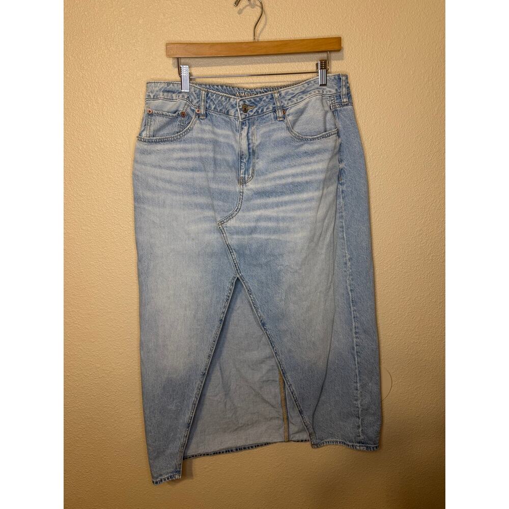 American Eagle Low-Rise Maxi Denim Medium Wash Front Slit Boho Street Skirt 12 - Picture 3 of 14